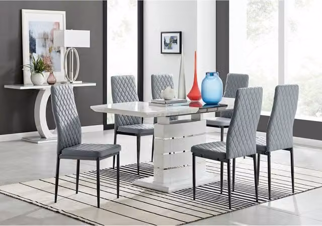 FurnitureboxUK Renato Gloss Extending Kitchen Dining Table and 6 Milan Black Leg Chairs in Grey