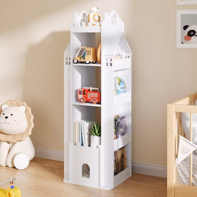 Livingandhome 5-Tier Castle Rotating Kids Bookshelf in White