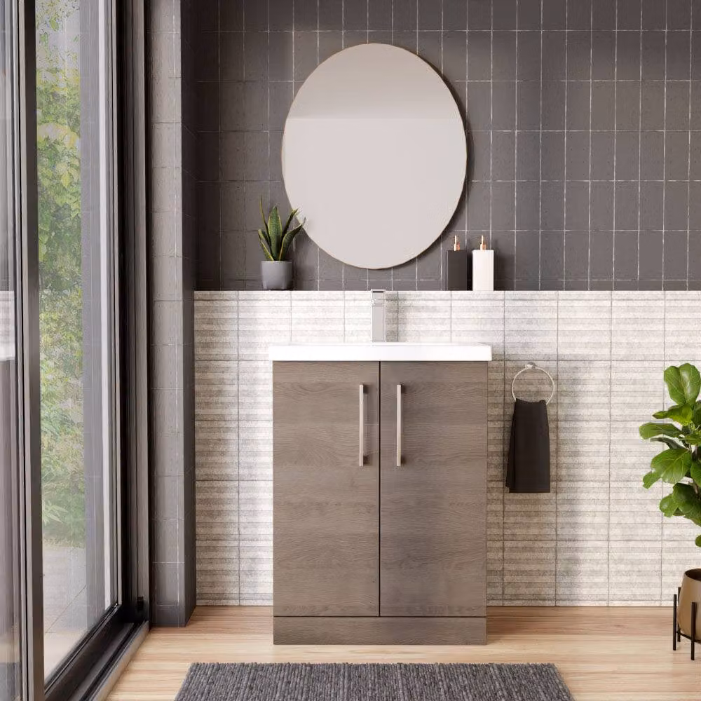 Balterley Contemporary Floor Standing 2-Door Bathroom Vanity Unit with Mid-Edge Ceramic Basin, Solace Oak Brown, W: 61 cm, D: 39 cm, H: 84 cm – 2