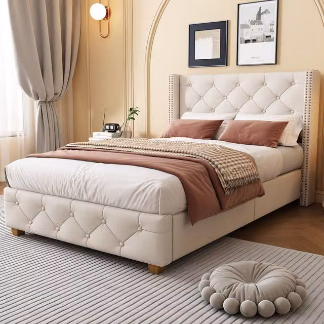 Merax Single Upholstered Velvet Bed with Chesterfield Button Headboard in Beige, W/D/H: 90 x 190 cm