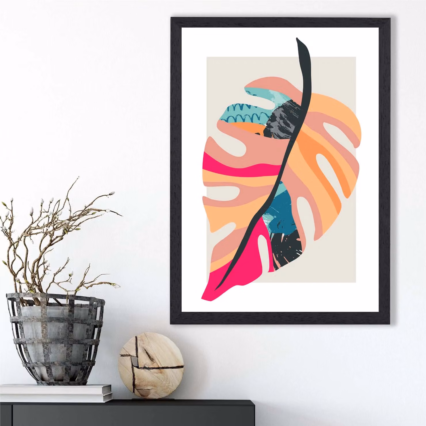 ARTZE Tropical Monstera Blue and Pink Boho Botanical Framed Print with Black Frame – 2
