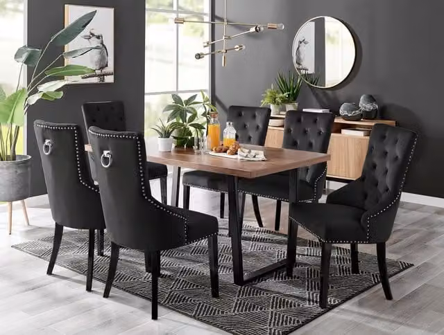 FurnitureboxUK Kylo Brown Wood Effect Dining Table and 6 Belgravia Black Leg Velvet Chairs