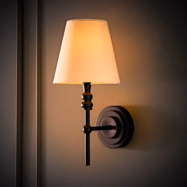 ValueLights Maggie Candlestick Wall Light with Linen Tapered Shade and Bulb in Black