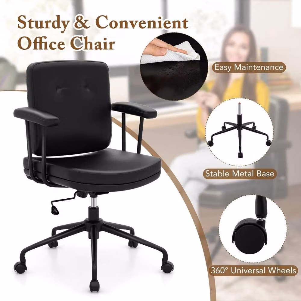 VOGREX Black Synthetic Leather Mid-Century Task Chair with Armrests and 360 Degree Swivel – 4