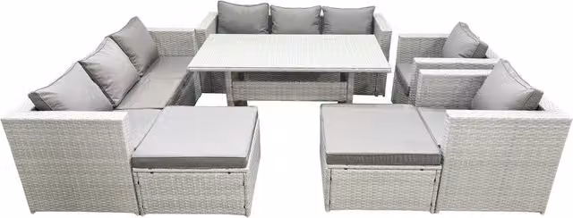 Fimous 8 Seater Rattan Garden Furniture Set in Light Grey with Dining Table, 2 Chairs and 2 Footstools