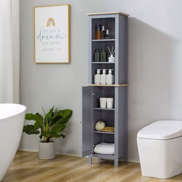 Kleankin Freestanding Bathroom Storage Cabinet with Adjustable Shelf in Grey