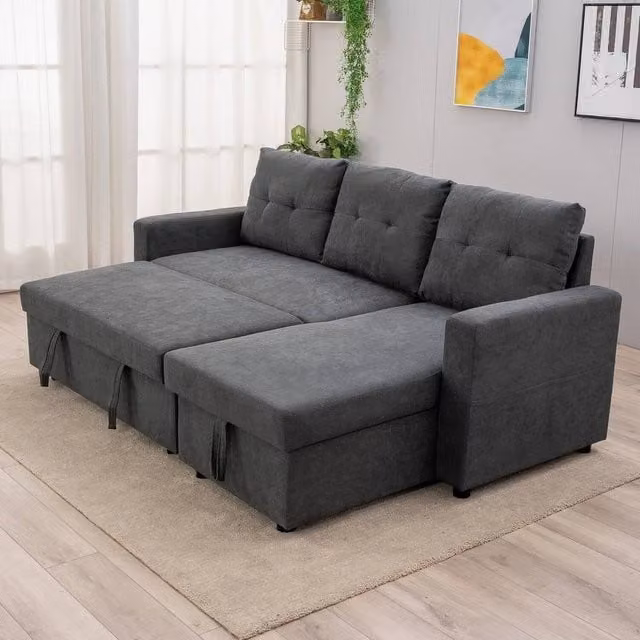 FORGEVIO Grey Linen Reversible L-Shape 3 Seater Click-Clack Sofa Bed