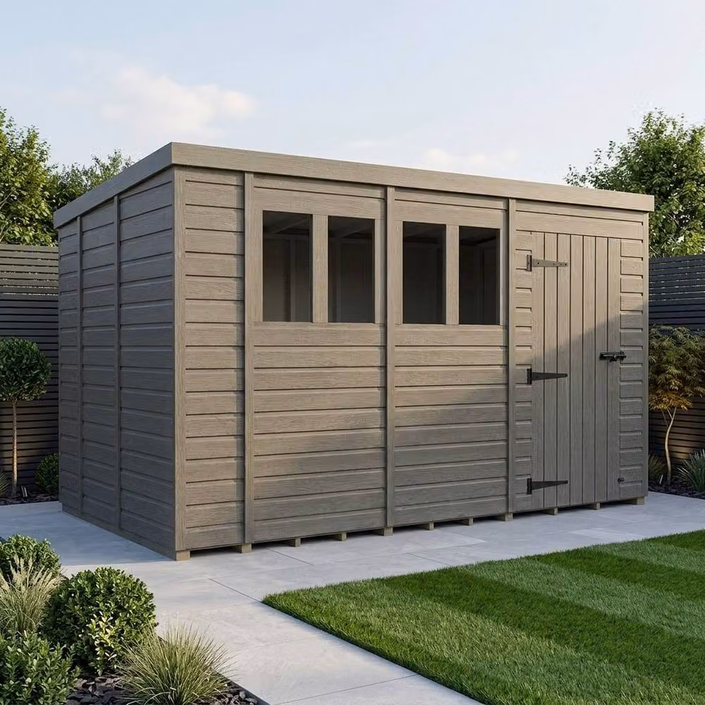 Buttercup Farm Grey Composite Pent Garden Shed with Single Door and Windows W/D/H: 426.7 x 353.1 x 210 cm – 2