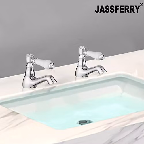 JASSFERRY Pair of Chrome Basin Pillar Taps with White Ceramic Lever Handles for Hot and Cold Water – 2