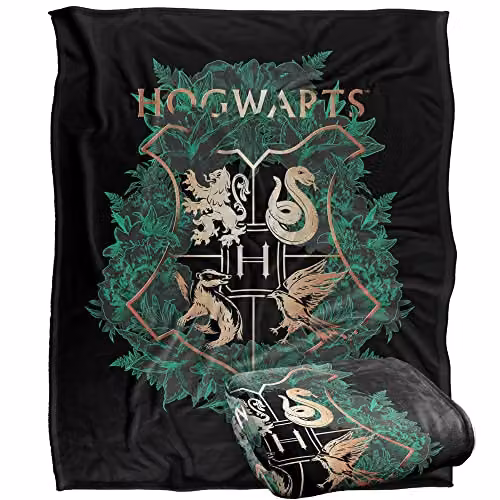 Warner Brothers Harry Potter Hogwarts Green and Gold Floral Crest Fleece Throw Blanket, W/D/H: 152 x 127 cm, White