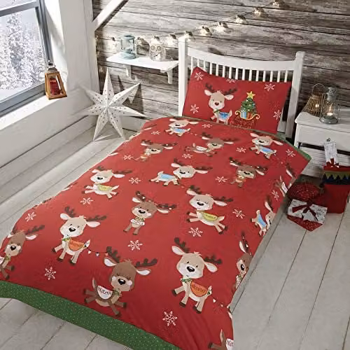 Rapport Home Rudolph & Friends Christmas Duvet Cover and Pillowcase Set in Red and Green, Polycotton, 90 x 200 cm – 1