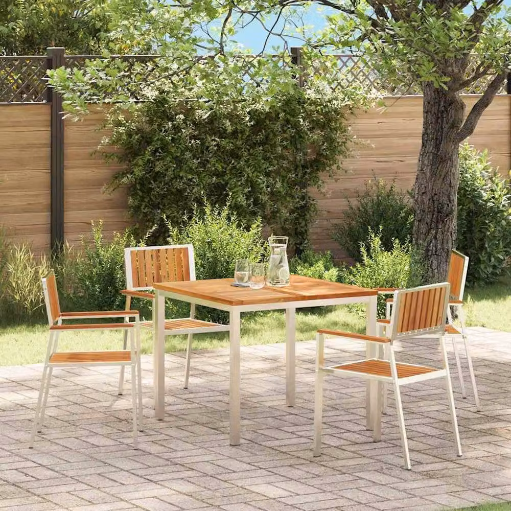 Berkfield Home Set of 4 Stackable Garden Chairs in Silver Teak Wood and Stainless Steel – 1