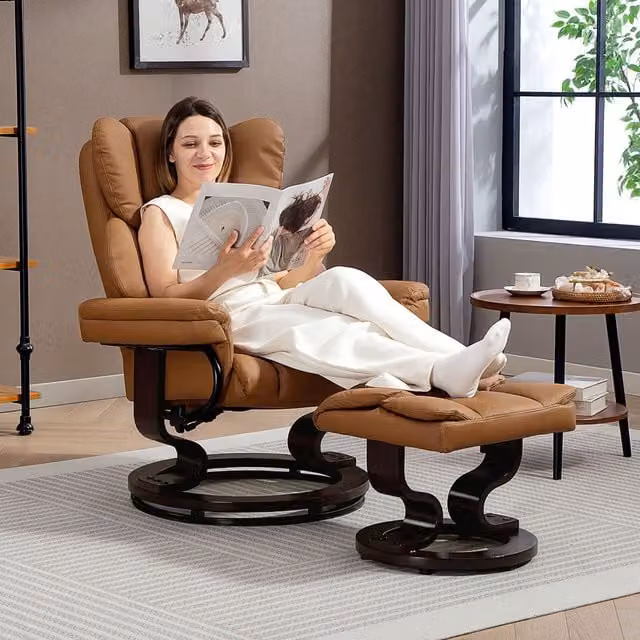 HOMCOM 360 Swivel Recliner Chair with Footstool in Brown PU Leather