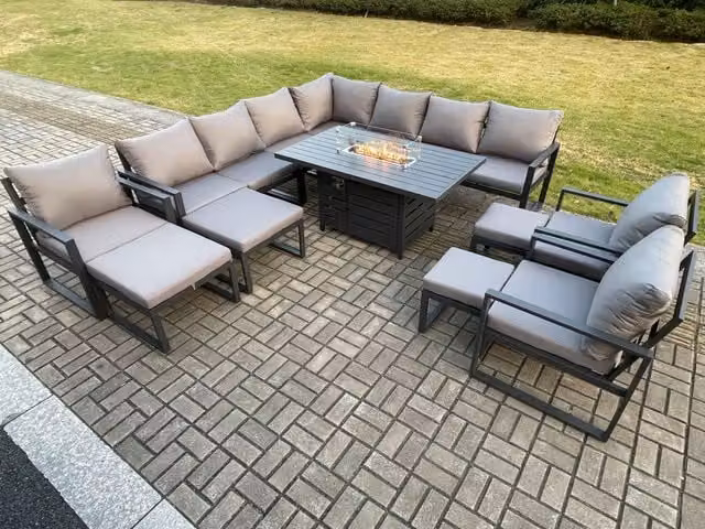 Fimous 14 Seater Aluminium Outdoor Garden Furniture Set with Gas Fire Pit Dining Table, 3 Chairs and 2 Footstools in Black and Grey