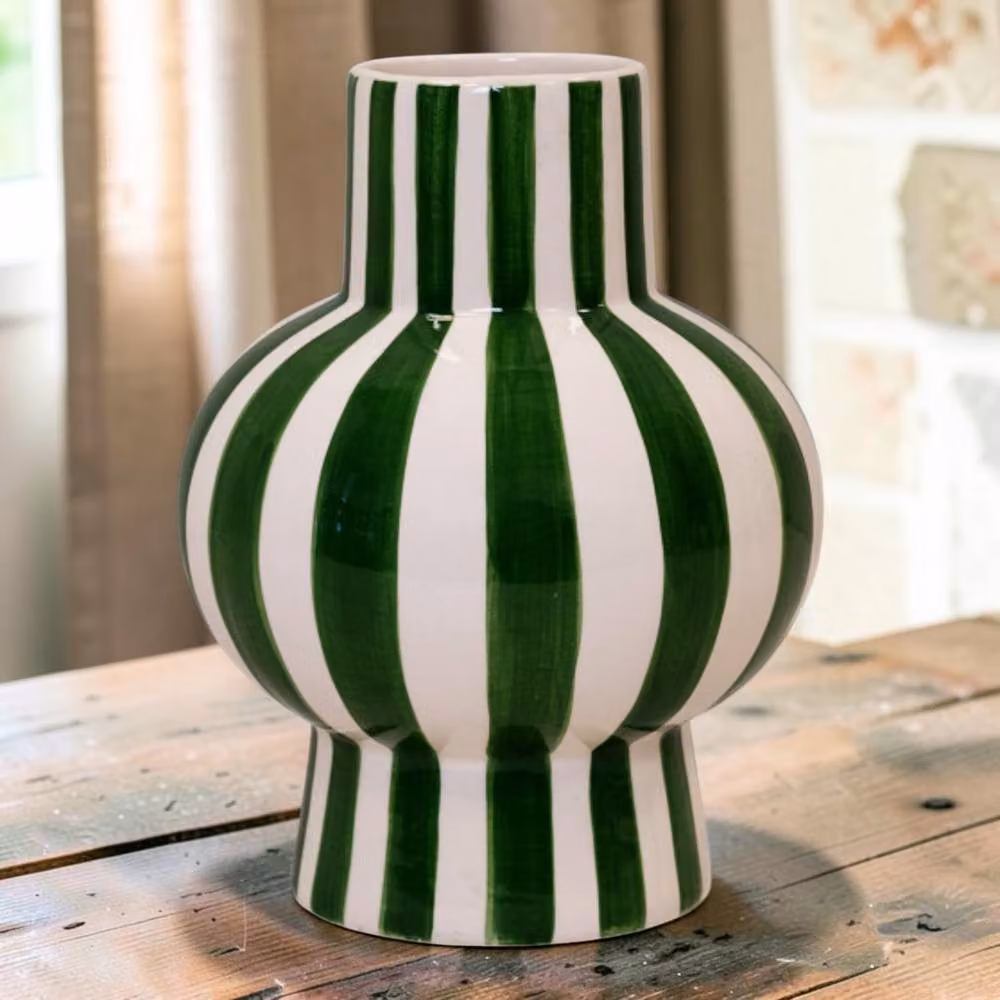 Four Candle Modern Striped Ceramic Round Tabletop Vase in Green and White, H: 21.0 cm, W: 16.0 cm, D: 16.0 cm – 2