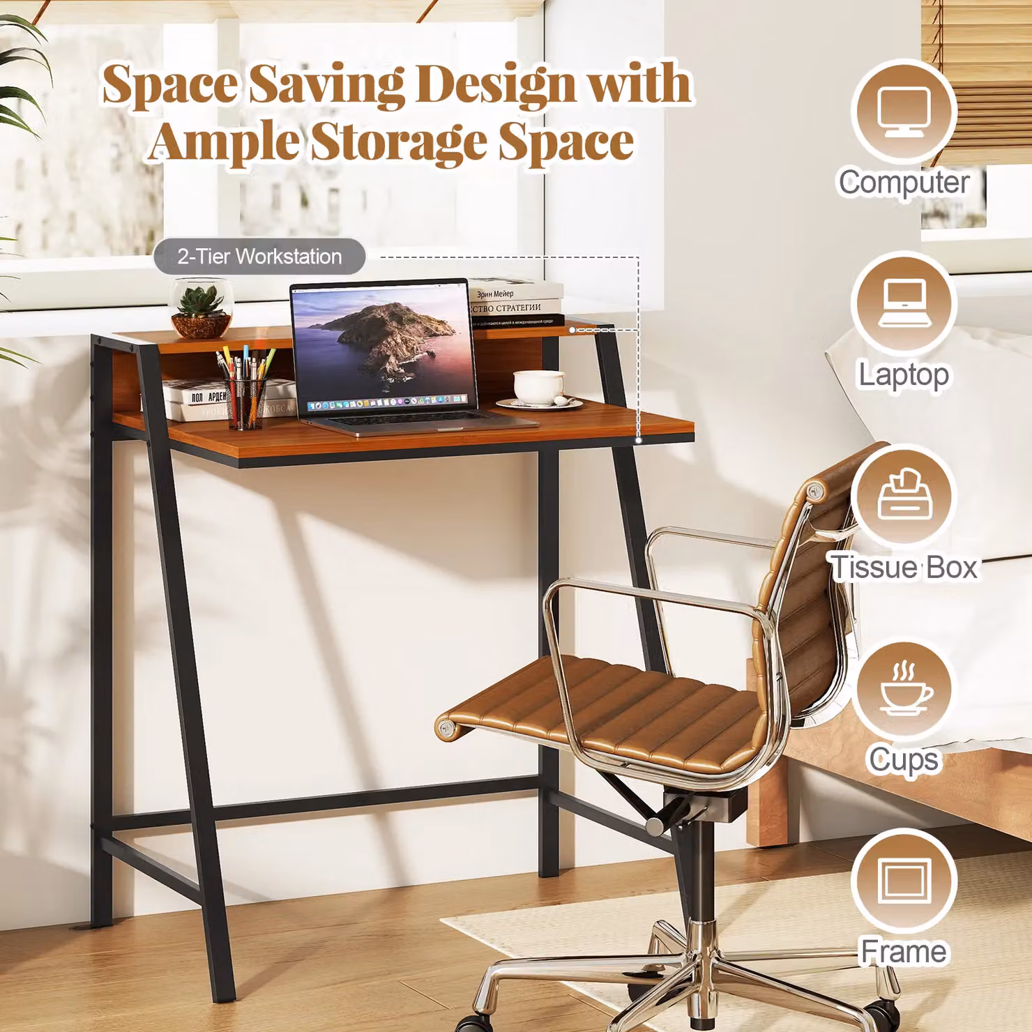 Gymax Compact Brown Computer Desk with Monitor Stand – 6