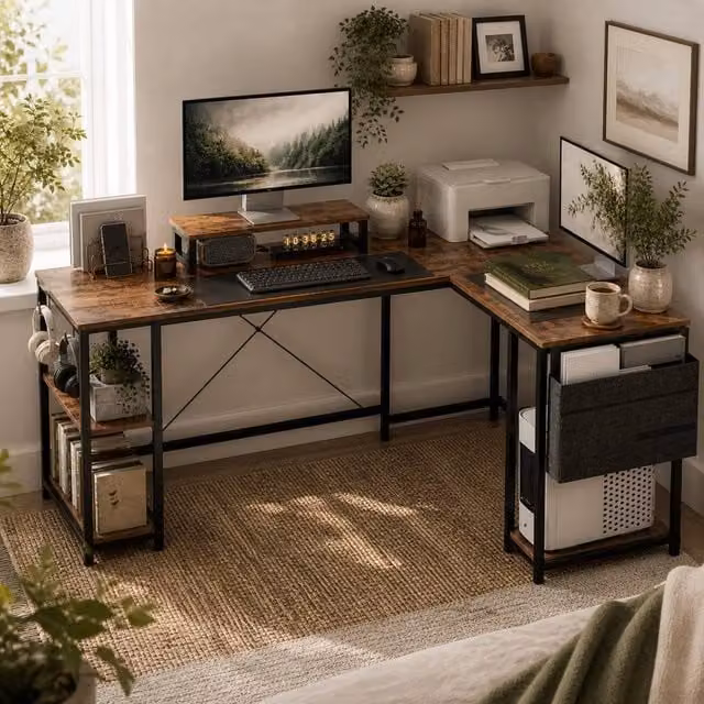 Wyld Haus Lesano 168cm Rustic Reversible L Shaped Corner Desk with Monitor Stand and Shelves in Brown
