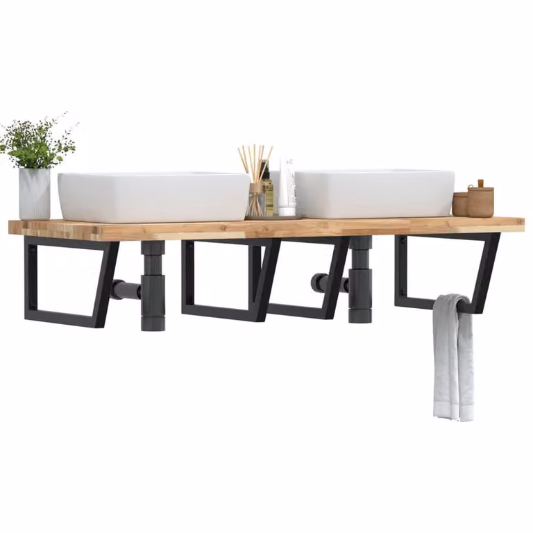 Berkfield Home Wall Mounted Basin Shelf in Brown Steel and Solid Acacia Wood