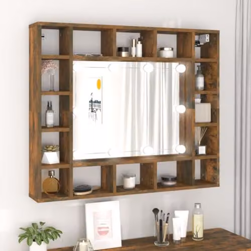 vidaXL Modern Mirror Cabinet with LED Lighting in Smoked Oak, W/D/H: 91 x 15 x 76.5 cm – 2