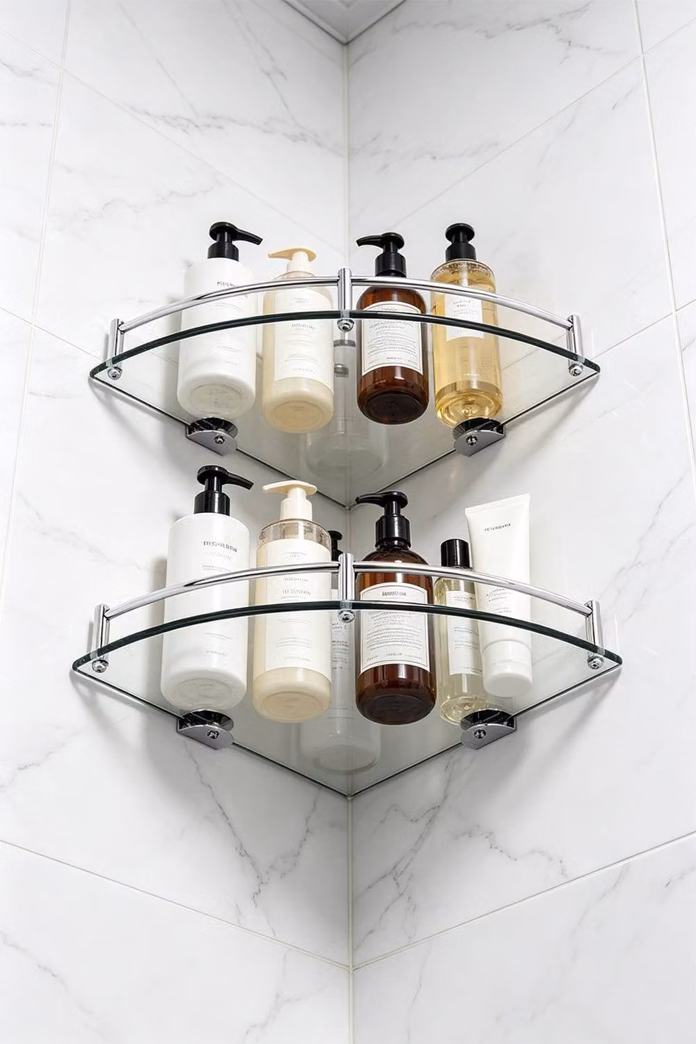 ExtraStar 2-Piece Set of Wall Mounted Glass Corner Bathroom Storage Shelves in Silver – 2