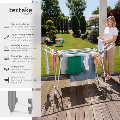 tectake Winged Clothes Airer in White with 25 Drying Rails and 2 Clip Holders, Foldable Steel Clothes Drying Rack, H 176 x W 60 x D 60 cm – 2