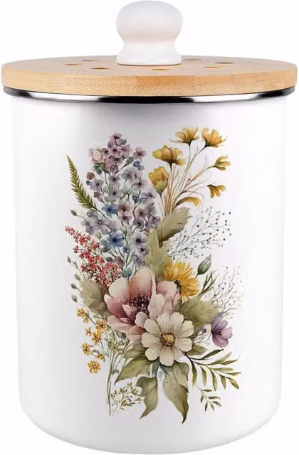 Purely Home Flower Bouquet Metal Food Waste Caddy with Flip Lid, Green, 2L