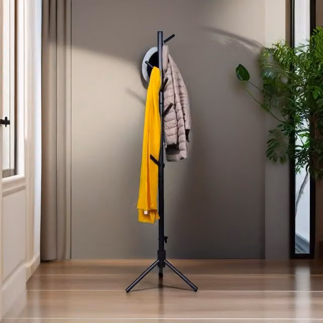 Pirlo Plush Modern Black Wooden Adjustable Coat Stand with 8 Hooks – 1