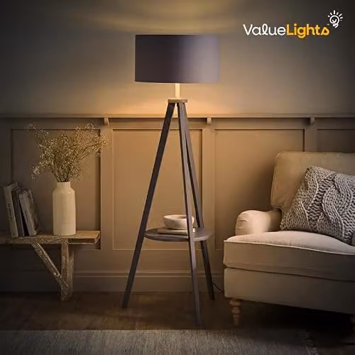 MiniSun Modern Grey Wood Tripod Floor Lamp with Storage Shelf and Grey/Chrome Drum Shade, including 6W Warm White LED Bulb – 2