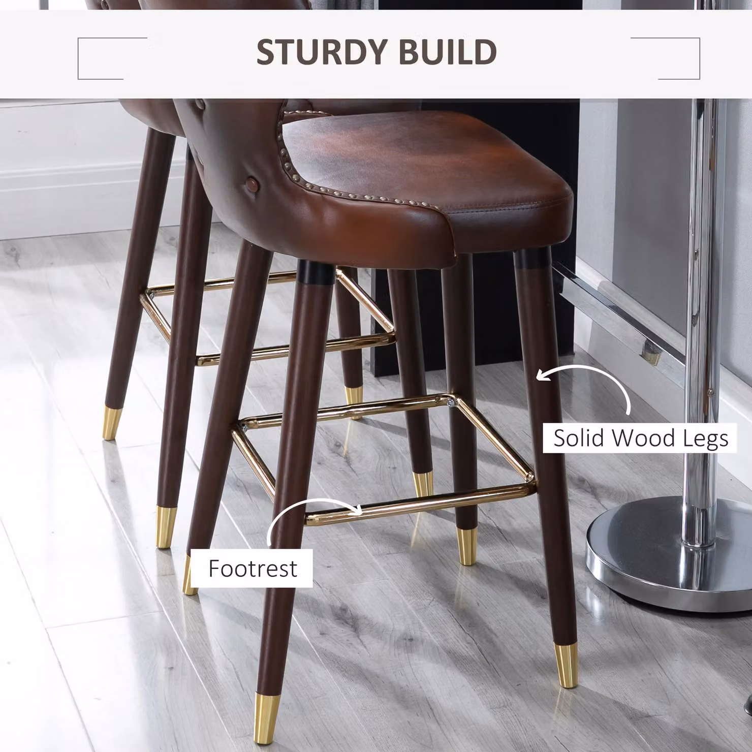 HOMCOM Set of 2 Luxury Brown Synthetic Leather Bar Stools with Gold Metal Accents – 5