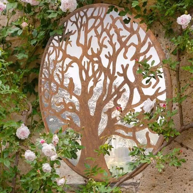 MirrorOutlet Small Bird Tree Design Round Garden Mirror, Brown, Diameter: 60 cm