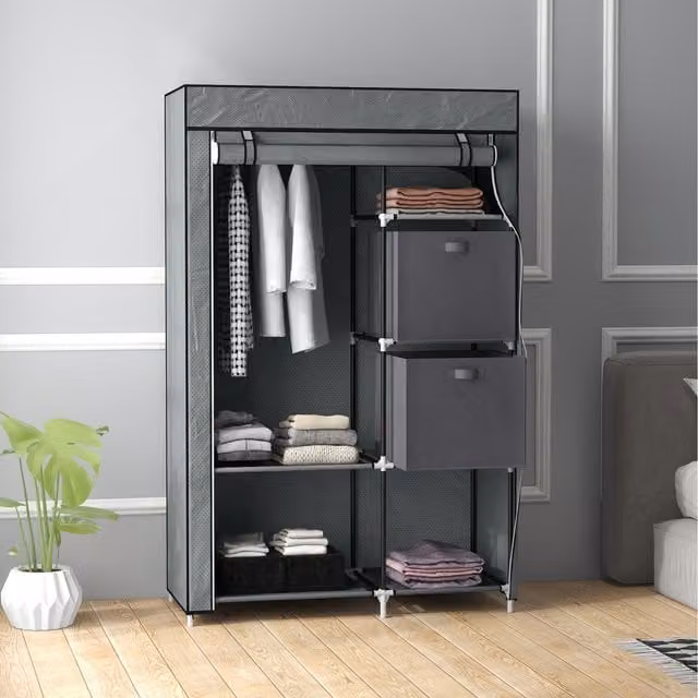 HOMCOM Portable Wardrobe Clothes Cabinet with 2 Fabric Drawers and Hanging Rod, Dark Grey