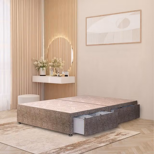 Somnior Beds Ltd Brown Tweed Fabric Upholstered Divan Bed Base with Drawers, W: 140 cm, D: 200 cm