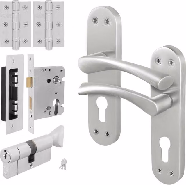 AFIT Novi Metallics Satin Nickel Euro Thumbturn Cylinder Handle Lock and Hinges, Silver, W/D/H: 15.0 x 15.0 x 2.0 cm – 1