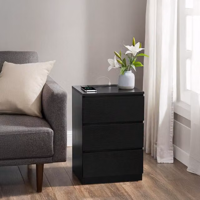 VASAGLE Black Bedside Table with Power Strip and Drawers