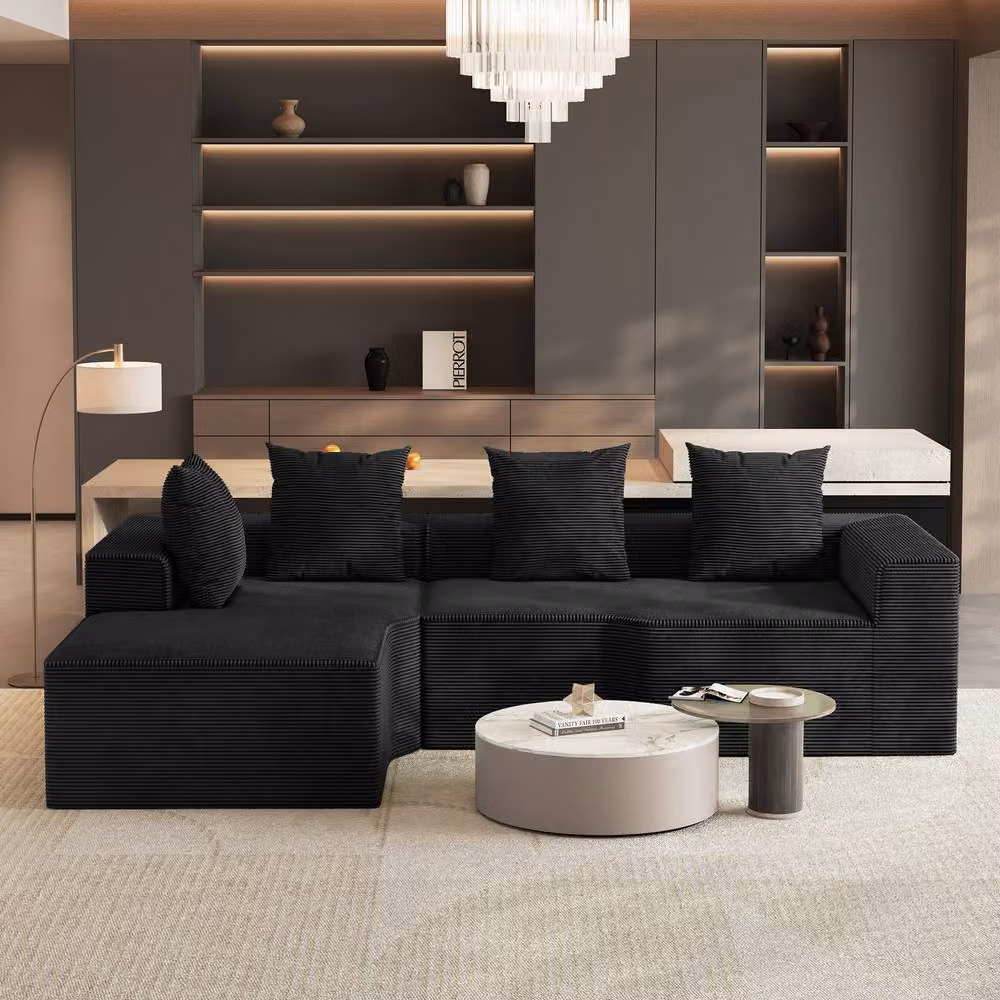 Dprodo Black Corduroy Left-Facing L-Shaped Modular Sofa with Scatter Cushions, Width: 320 cm – 2
