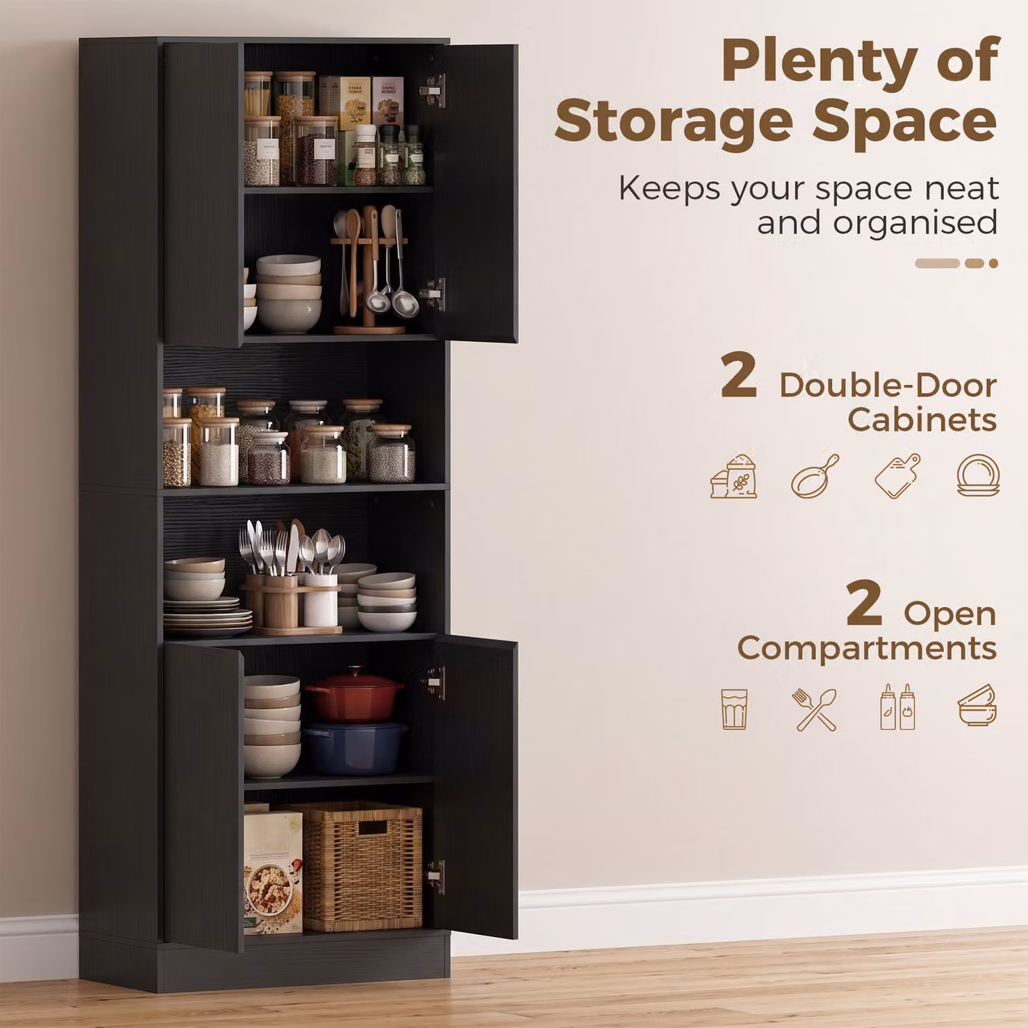 HOMCOM Black Wood Effect Kitchen Pantry Cabinet, Freestanding Tall Storage Unit with Soft-Close Hinged Doors and Internal Shelves, H 170 x W 60 x D 30 cm – 4