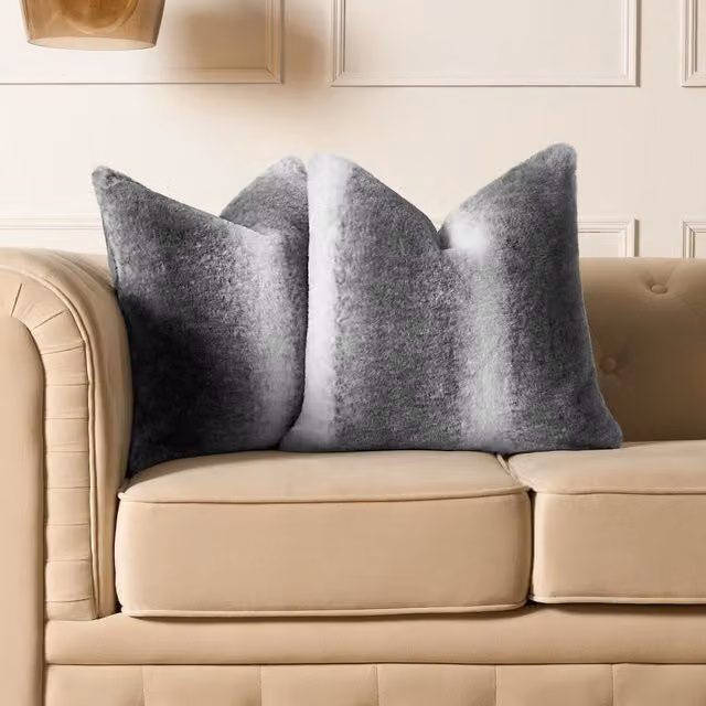 OHS Pack of 4 Grey Faux Fur Striped Square Cushion Covers