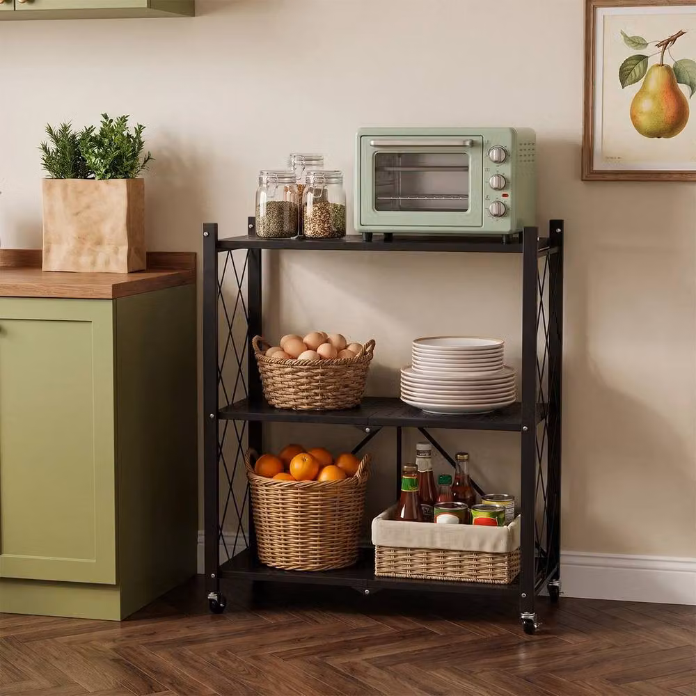 FORGEVIO Black 3-Tier Folding Metal Kitchen Storage Shelf – 3
