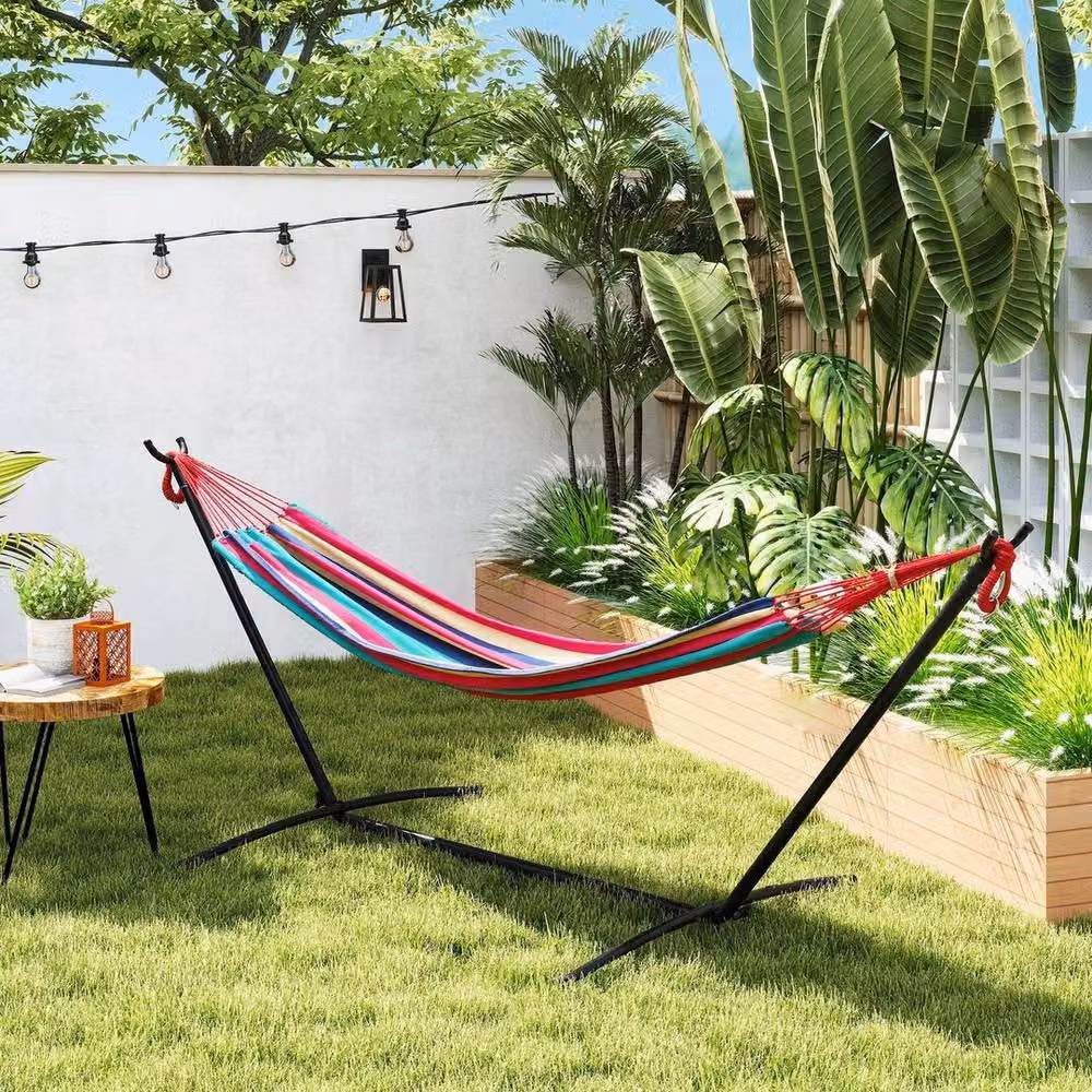 Outsunny Multicolour Striped Fabric Hammock with Stand for Adults – 5