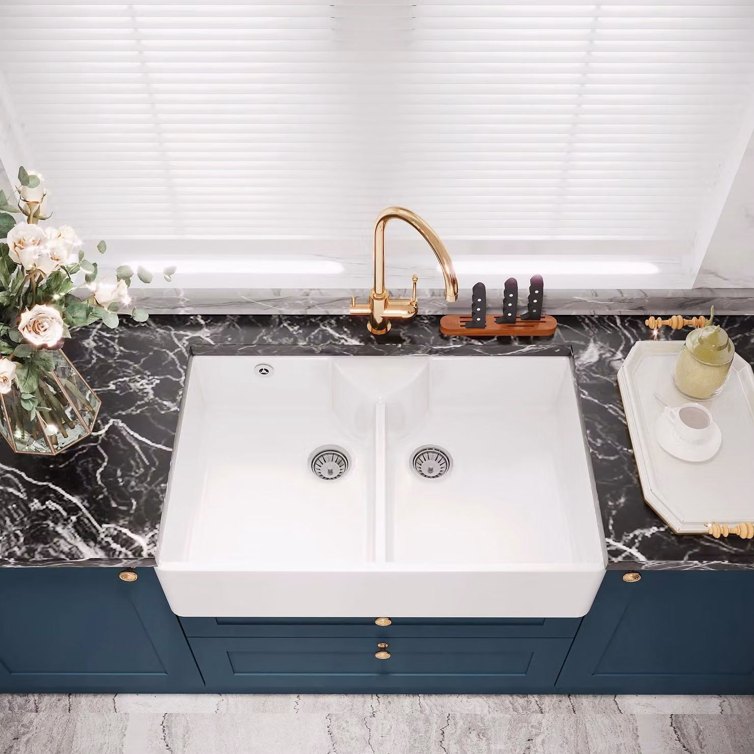 Balterley 2 Bowl Fireclay Butler Sink with Stepped Weir Wastes in White W/D/H: 895 x 550 x 220 mm – 2