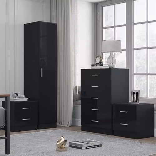 Reflect Modern Bedroom Furniture Set in Black Gloss and Black Oak Finish, Including 1 Door Wardrobe, 5 Drawer Chest and 2 Bedside Tables