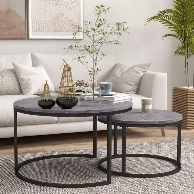 HOMCOM 2 Piece Stacking Coffee Table Set with Marble Tops and Metal Sled Base in Grey