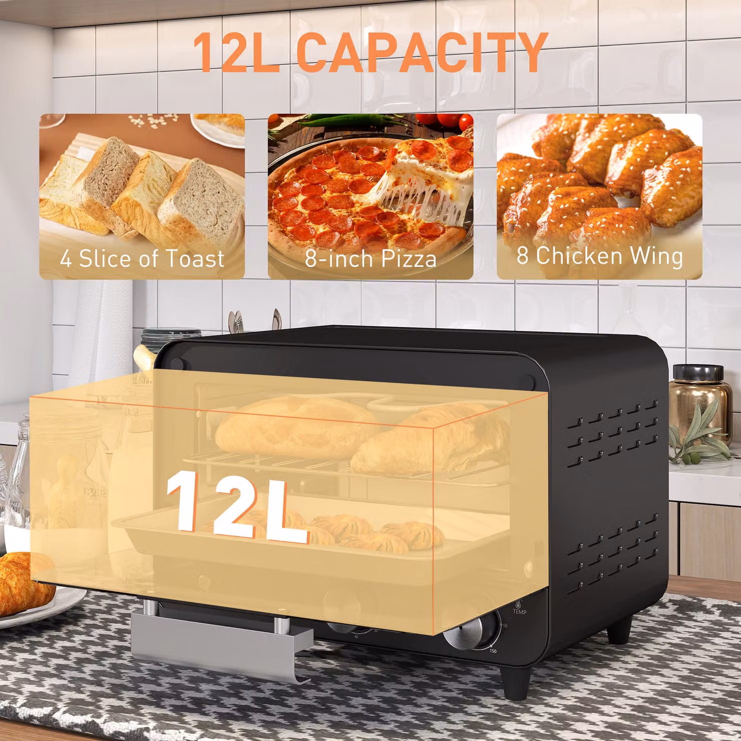 HOMCOM 12L Multifunction Mini Countertop Toaster Oven with Grill, Glass Door, Adjustable Temperature and Timer, Black – 4