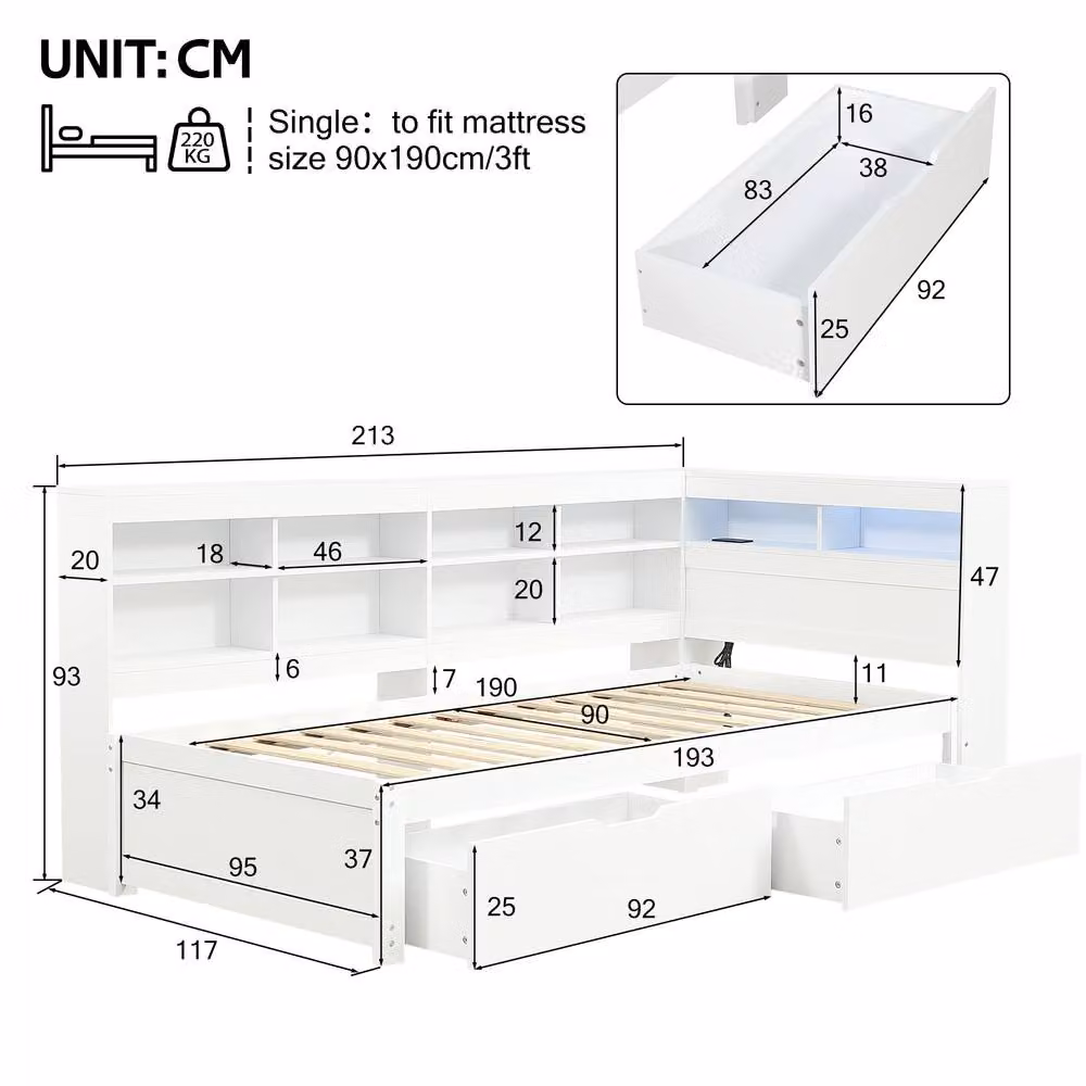 STILVORA White Single Bed Frame with USB Charging Port and Drawers, W: 90 cm x L: 190 cm – 2