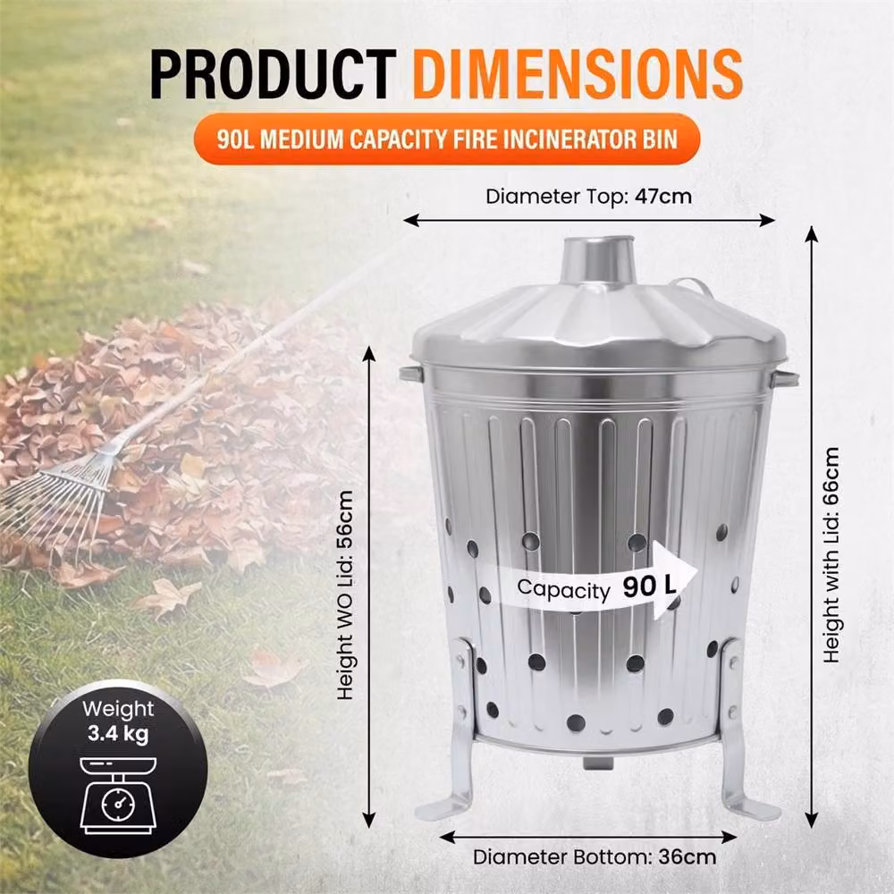 Nordara 90L Galvanised Steel Garden Incinerator Fire Bin in Silver – 2