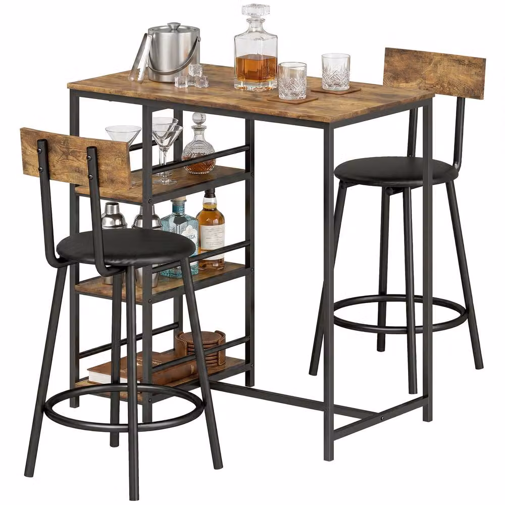 STILVORA Rustic Brown Dining Set with Rectangular Wood Table and Four Faux Leather Chairs – 5