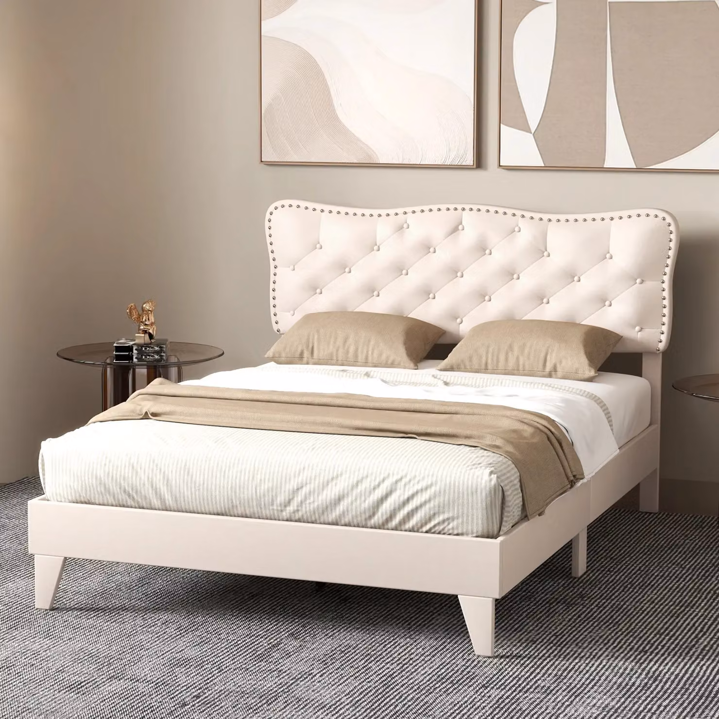 Gymax Double Size Slats Platform Bed Frame with Button Tufted Upholstered Headboard in Beige, W/D/H: 140 x 200 cm – 4