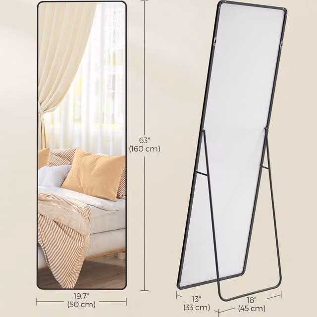 SONGMICS Full Length Standing Mirror with Aluminium Frame, Black, H: 160 cm, W: 50 cm