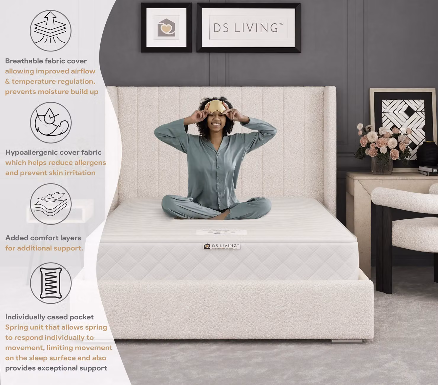 DS Living Serenity Aurora Pocket Sprung Mattress, Medium, Grey, W: 140 cm, D: 200 cm – 4