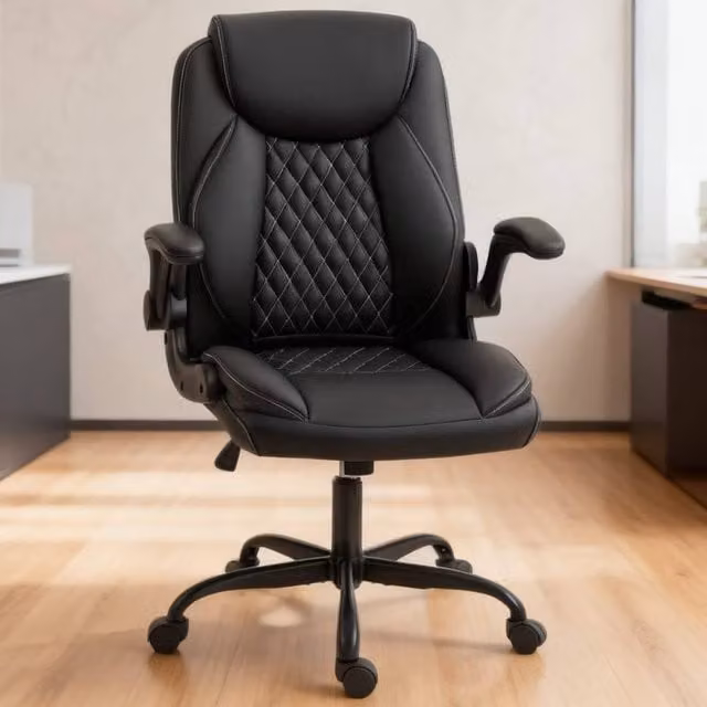 ERGOVEXA Black Faux Leather Office Chair with Flip-Up Armrests